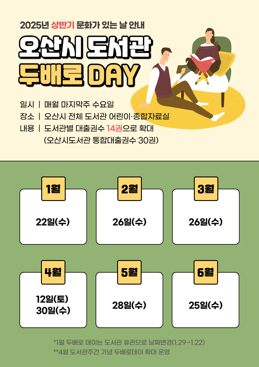 2025년 상반기 문화가 있는 날 안내  오산시 도서관 두배로 DAY 일시 매월 마지막주 수요일 장소 오산시 전체 도서관 어린이 종합자료실 내용 도서관별 대출권수14권으로 확대(오산시도서관 통합대출권수 30권) 1월 22일(수) 2월 26일(수) 3월26일(수) 4월 12일(토) 30일(수) 5월 28일(수) 6월 25일(수) 1월 두배로 데이는 도서관 휴관으로 날짜변경(1.29→1.22) 4월 도서관 주간 기념 두배로데이확대 운영 