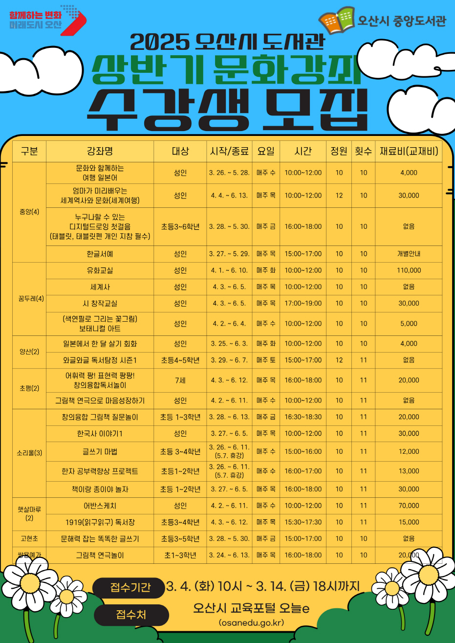 2025년 오산시 도서관 상반기 문화강좌 수강생 모집
접수기간 3월 4일 화요일 10시~ 3월 14일 금요일 18시까지
접수처 오산시 교육포털 오늘e
